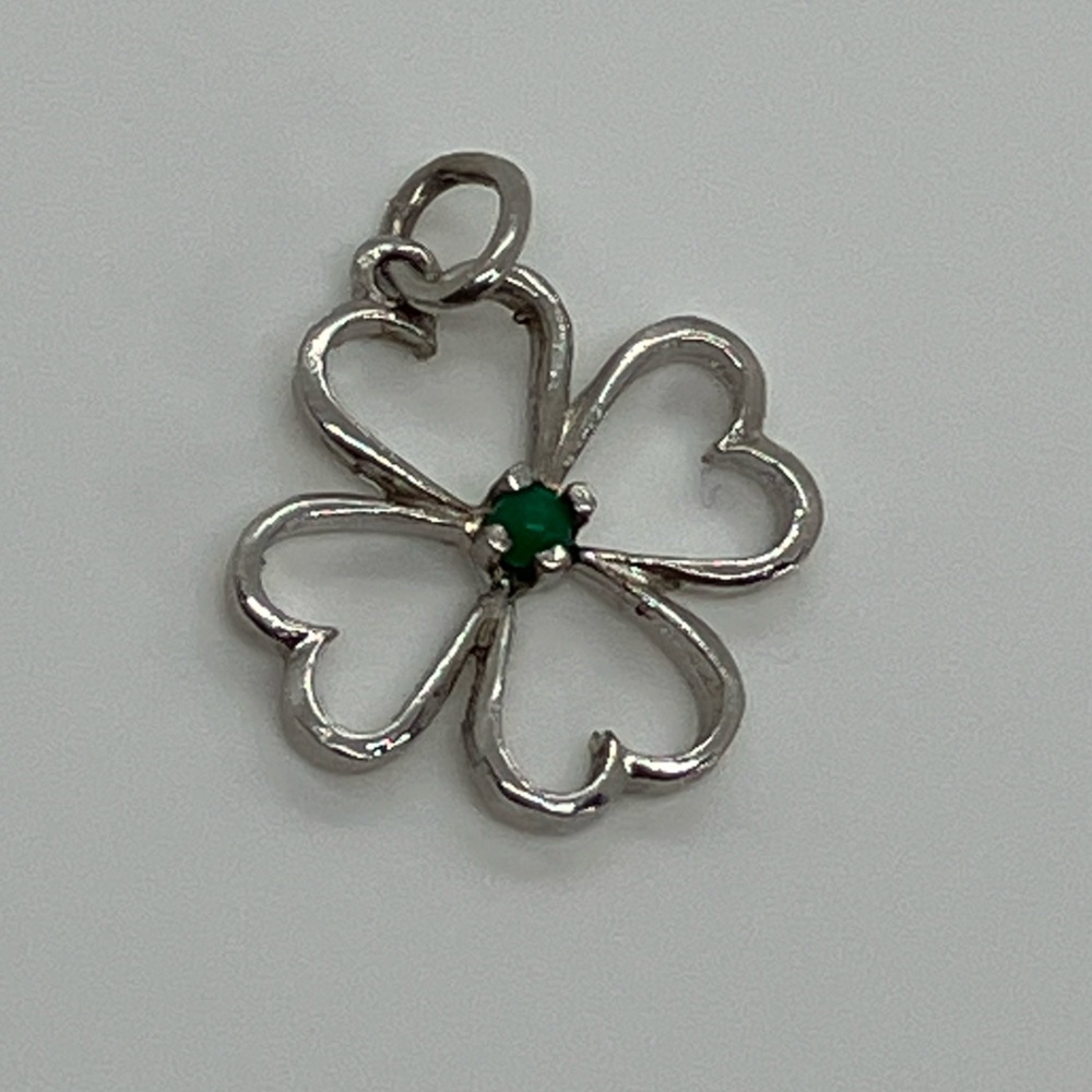 Vtg 925 Sterling Silver & Green Cz Lucky 4 Leaf Leafed Clover Charm / Pendant
